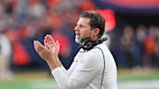 Nov 2, 2024; Syracuse, New York, USA; Virginia Tech Hokies head coach Brent Pry reacts to a play against the Syracuse Orange in the third quarter at JMA Wireless Dome. Mandatory Credit: Mark Konezny-Imagn Images