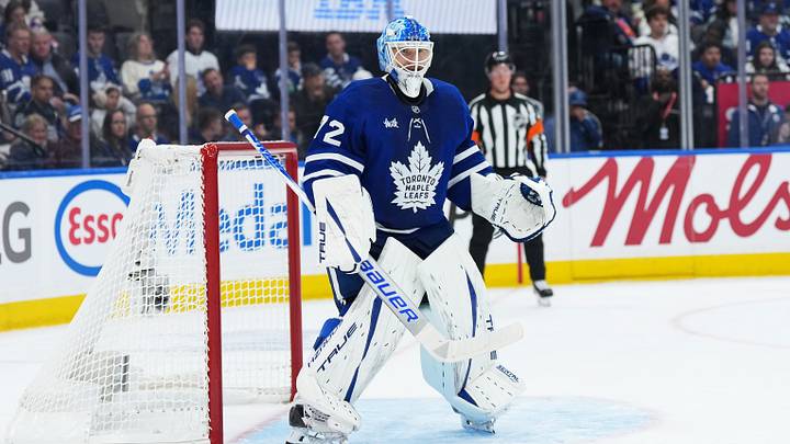 Toronto Maple Leafs goaltender Sergei Bobrovsky (72) follows the play against the Buffalo Sabres during the second period at Scotiabank Arena.  Mandatory Credit: Nick Turchiaro-Imagn Images