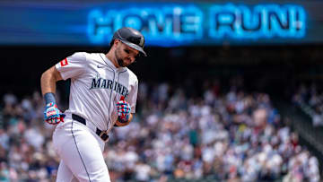 Seattle Mariners designated hitter Cal Raleigh runs after hitting a home run against the Pittsburgh Pirates on July 4 at T-Mobile Park.