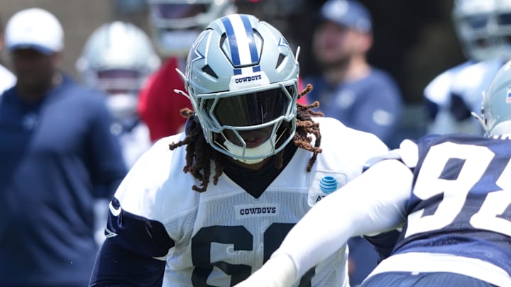 Cowboys left tackle Tyler Guyton defends during a training camp play.