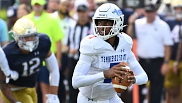 Sep 2, 2023; South Bend, Indiana, USA; Tennessee State Tigers quarterback Draylen Ellis (7) looks to pass in the second quarter against the Notre Dame Fighting Irish at Notre Dame Stadium. Mandatory Credit: Matt Cashore-Imagn Images