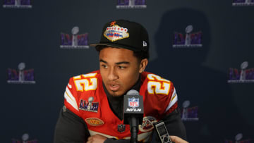 Feb 8, 2024; Las Vegas, NV, USA; Kansas City Chiefs cornerback Trent McDuffie (22) during a press conference before Super Bowl LVIII at Westin Lake Las Vegas Resort and Spa. Mandatory Credit: Kyle Terada-USA TODAY Sports