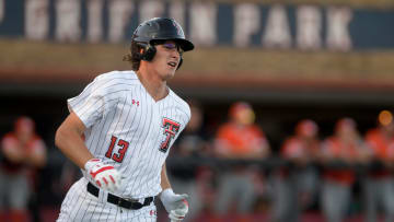 Texas Tech's infielder Gavin Kash (13) looks to see if he hit a home run against UTRGV in a non-conference baseball game, Tuesday, April 30, 2024, at Rip Griffin Park.