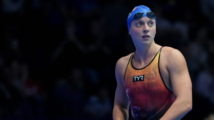 Katie Ledecky walks the pool deck after winning the 1500-meter freestyle final Wednesday, June 19, 2024, during the fifth day of competition for the U.S. Olympic Team Swimming Trials at Lucas Oil Stadium in Indianapolis.