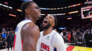 Mar 19, 2025; Miami, Florida, USA; Detroit Pistons guard Malik Beasley (5) celebrates with center Jalen Duren (0) after the game against the Miami Heat at Kaseya Center. Mandatory Credit: Sam Navarro-Imagn Images