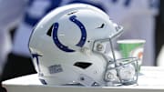 Sep 15, 2024; Green Bay, Wisconsin, USA;  General view of an Indianapolis Colts helmet during the game against the Green Bay Packers at Lambeau Field. Mandatory Credit: Jeff Hanisch-Imagn Images