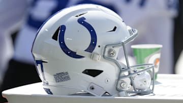 General view of an Indianapolis Colts helmet during the game against the Green Bay Packers at Lambeau Field.