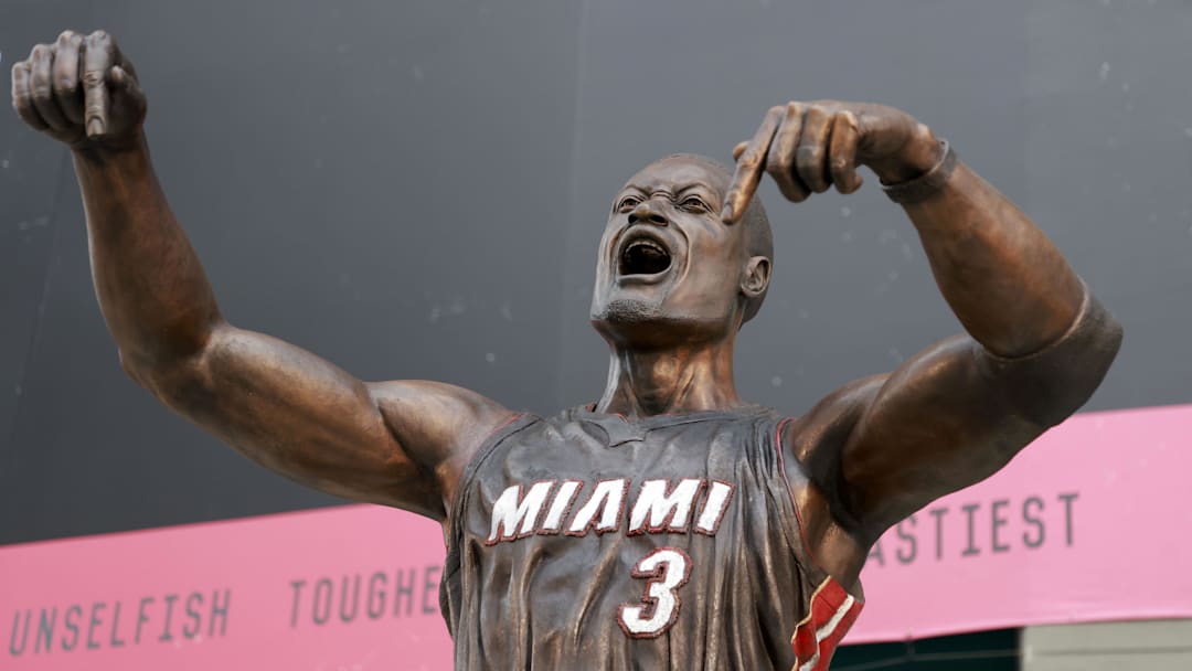 Oct 28, 2024; Miami, Florida, USA;  A general view of the new Dwyane Wade statue in front of the Kaseya Center. Mandatory Credit: Rhona Wise-Imagn Images