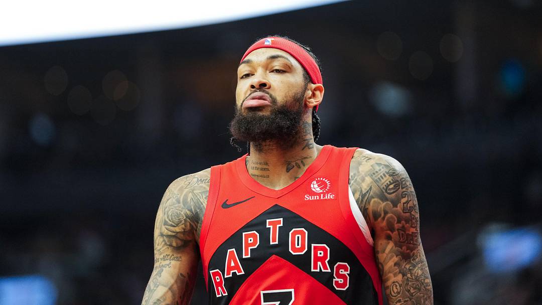 Apr 12, 2026; Toronto, Ontario, CAN; Toronto Raptors Brandon Ingram (3) reacts after a call during the first half against the Brooklyn Nets at Scotiabank Arena. Mandatory Credit: Kevin Sousa-Imagn Images