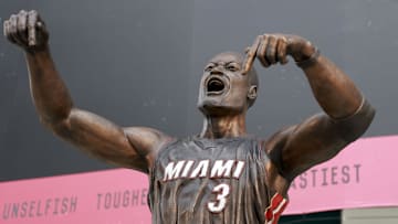 Oct 28, 2024; Miami, Florida, USA;  A general view of the new Dwyane Wade statue in front of the Kaseya Center. Mandatory Credit: Rhona Wise-Imagn Images