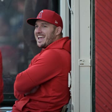 May 9, 2024; Anaheim, California, USA;  Los Angeles Angels center fielder Mike Trout (27) in the dugout during the game against the Kansas City Royals at Angel Stadium. Mandatory Credit: Jayne Kamin-Oncea-USA TODAY Sports