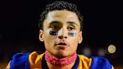 North Side High School athlete Javonte Smith (25) answers questions from media after North Side defeated hometown rivals South Side 28-7 at North Side Stadium in Jackson, Tenn.