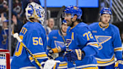Apr 5, 2025; St. Louis, Missouri, USA;  St. Louis Blues goaltender Jordan Binnington (50) and defenseman Justin Faulk (72) celebrate after the Blues won their franchise record 12th straight win after a victory over the Colorado Avalanche at Enterprise Center. Mandatory Credit: Jeff Curry-Imagn Images