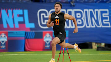 Mar 1, 2025; Indianapolis, IN, USA; Florida wideout Chimere Dike (WO11) during the 2025 NFL Combine at Lucas Oil Stadium. Mandatory Credit: Kirby Lee-Imagn Images