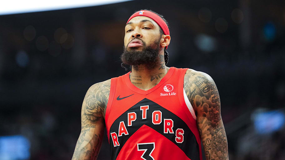 Toronto Raptors Brandon Ingram reacts after a call during the first half against the Brooklyn Nets.