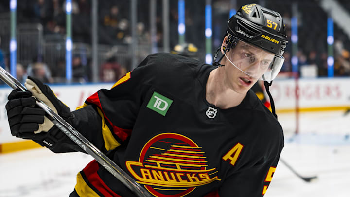 Mar 2, 2026; Vancouver, British Columbia, CAN; Vancouver Canucks defenseman Tyler Myers (57) skates in warm up prior to a game against the Dallas Stars at Rogers Arena. Mandatory Credit: Bob Frid-Imagn Images