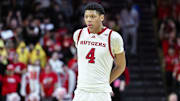 Feb 23, 2025; Piscataway, New Jersey, USA; Rutgers Scarlet Knights guard Ace Bailey (4) during the second half against the USC Trojans at Jersey Mike's Arena. Mandatory Credit: John Jones-Imagn Images