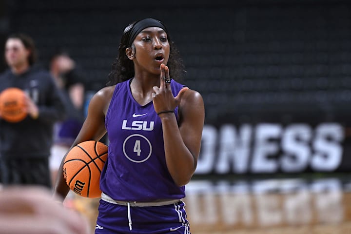 LSU Lady Tigers guard Flau'Jae Johnson looks on during an NCAA Tournament practice session.