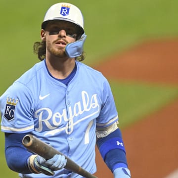 Sep 11, 2025; Cleveland, Ohio, USA; Kansas City Royals shortstop Bobby Witt Jr. (7) reacts after striking out in the third inning against the Cleveland Guardians at Progressive Field. Mandatory Credit: David Richard-Imagn Images