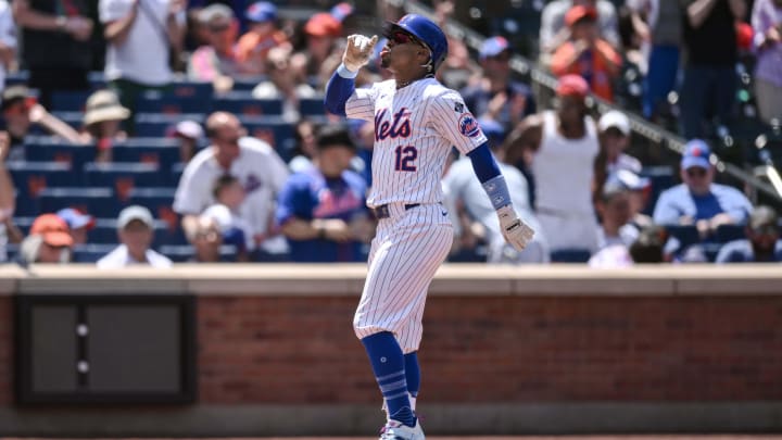 Jun 16, 2024; New York City, New York, USA; New York Mets shortstop Francisco Lindor (12) rounds the bases after hitting a solo home run against the San Diego Padres during the first inning at Citi Field. Mandatory Credit: John Jones-USA TODAY Sports