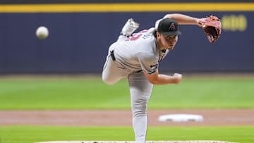 Sep 19, 2024; Milwaukee, Wisconsin, USA;  Arizona Diamondbacks pitcher Brandon Pfaadt (32) throws a pitch during the first inning against the Milwaukee Brewers at American Family Field.
