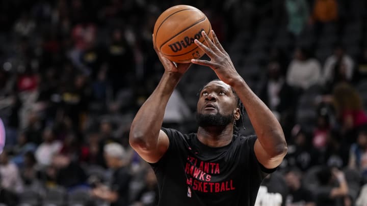 Apr 3, 2024; Atlanta, Georgia, USA; Atlanta Hawks forward Bruno Fernando (24) warms up on the court before the game against the Detroit Pistons at State Farm Arena. Mandatory Credit: Dale Zanine-USA TODAY Sports