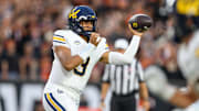 Aug 30, 2025; Corvallis, Oregon, USA; California Golden Bears quarterback Jaron-Keawe Sagapolutele (3) throws the ball during the first quarter against the Oregon State Beavers at Reser Stadium. Mandatory Credit: Craig Strobeck-Imagn Images