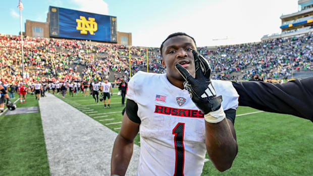 Northern Illinois celebrates a win over Notre Dame in 2024