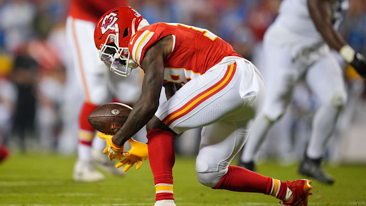 Sep 7, 2023; Kansas City, Missouri, USA; Kansas City Chiefs wide receiver Kadarius Toney (19) is unable to make the catch during the second half against the Detroit Lions at GEHA Field at Arrowhead Stadium. Mandatory Credit: Jay Biggerstaff-Imagn Images