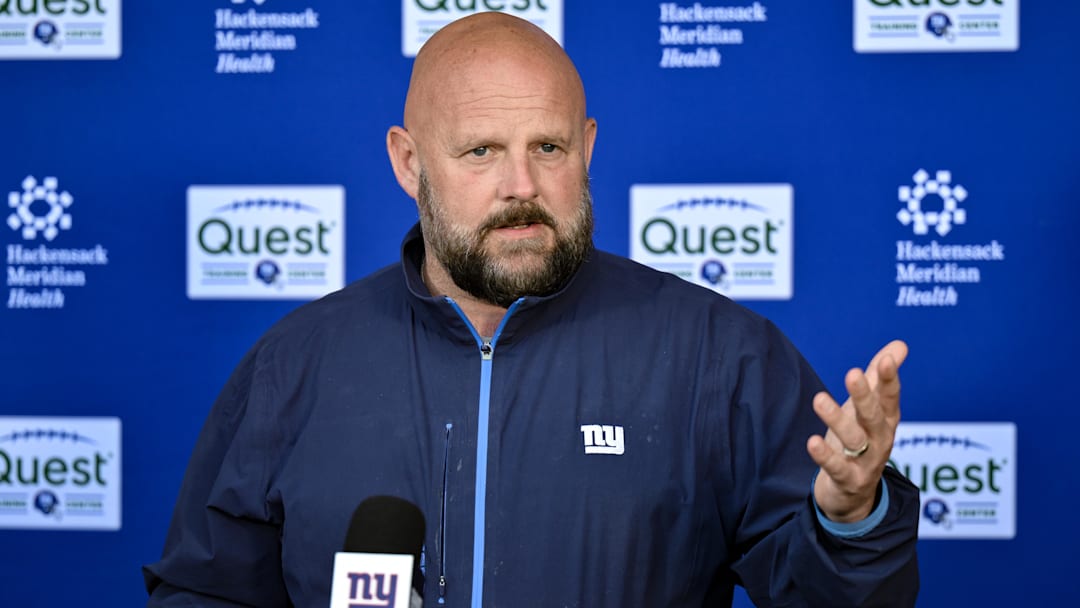 May 10, 2025; East Rutherford, NJ, USA; New York Giants head coach Brian Daboll speaks during a press conference before rookie minicamp at Quest Diagnostics Training Center. Mandatory Credit: John Jones-Imagn Images