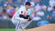Aug 13, 2024; Minneapolis, Minnesota, USA; Minnesota Twins pitcher Zebby Matthews (52) makes his major league debut against the Kansas City Royals at Target Field.