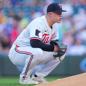 Aug 13, 2024; Minneapolis, Minnesota, USA; Minnesota Twins pitcher Zebby Matthews (52) makes his major league debut against the Kansas City Royals at Target Field. Mandatory Credit: Brad Rempel-USA TODAY Sports