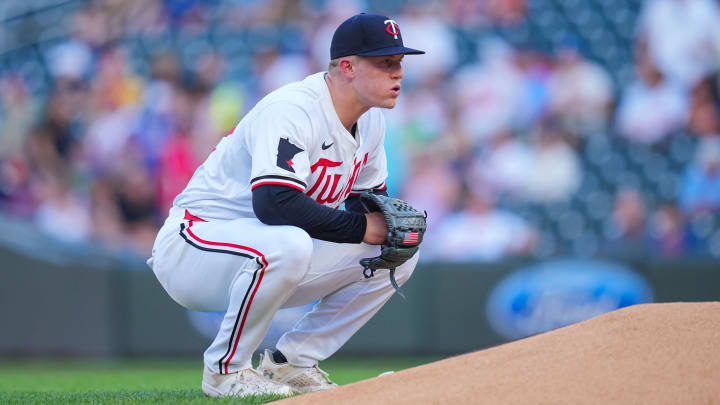 Aug 13, 2024; Minneapolis, Minnesota, USA; Minnesota Twins pitcher Zebby Matthews (52) makes his major league debut against the Kansas City Royals at Target Field. Mandatory Credit: Brad Rempel-USA TODAY Sports