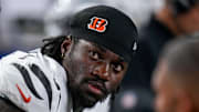 Cincinnati Bengals defensive end Shemar Stewart (97) sits between drives in the first quarter of the NFL Week 7 game between the Cincinnati Bengals and the Pittsburgh Steelers at Paycor Stadium in downtown Cincinnati on Thursday, Oct. 16, 2025.