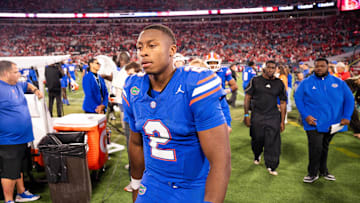 Florida Gators quarterback DJ Lagway (2) walks off the field after Georgia defeated Florida 24-20 in an NCAA football game, Saturday, Nov. 1, 2025, at EverBank Stadium in Jacksonville, Fla. [Doug Engle/Florida Times-Union]