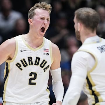 Purdue Boilermakers guard Fletcher Loyer (2) yells in excitement with guard Braden Smith (3) 