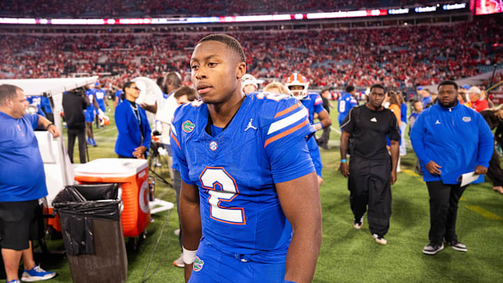 Florida Gators quarterback DJ Lagway (2) walks off the field after Georgia defeated Florida 24-20 in an NCAA football game, Saturday, Nov. 1, 2025, at EverBank Stadium in Jacksonville, Fla. [Doug Engle/Florida Times-Union]