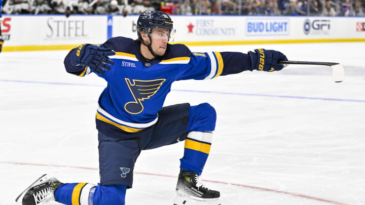 Oct 19, 2023; St. Louis, Missouri, USA;  St. Louis Blues left wing Jakub Vrana (15) celebrates after scoring against the Arizona Coyotes during the second period at Enterprise Center. Mandatory Credit: Jeff Curry-USA TODAY Sports