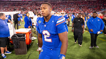 Florida Gators quarterback DJ Lagway (2) walks off the field after Georgia defeated Florida 24-20 in an NCAA football game, Saturday, Nov. 1, 2025, at EverBank Stadium in Jacksonville, Fla. [Doug Engle/Florida Times-Union]