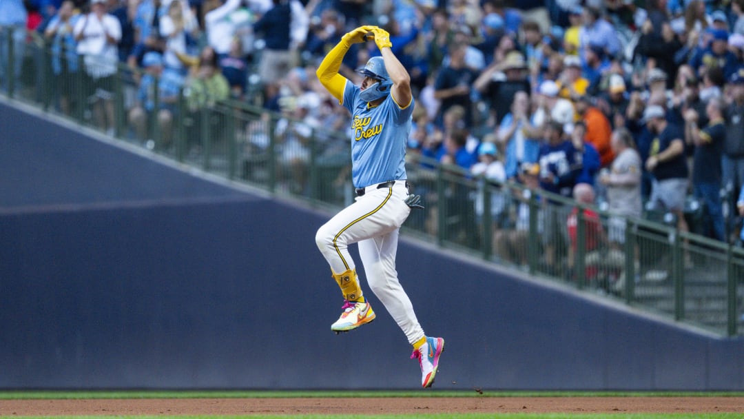 Aug 9, 2024; Milwaukee, Wisconsin, USA;  Milwaukee Brewers shortstop Willy Adames (27) reacts after hitting a home run during the first inning against the Cincinnati Reds at American Family Field. Mandatory Credit: Jeff Hanisch-USA TODAY Sports