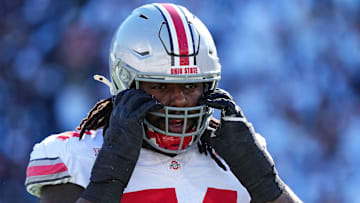 Ohio State Buckeyes offensive lineman Donovan Jackson (74) warms up prior to the NCAA football game against the Penn State Nittany Lions at Beaver Stadium in University Park, Pa. on Saturday, Nov. 2, 2024.