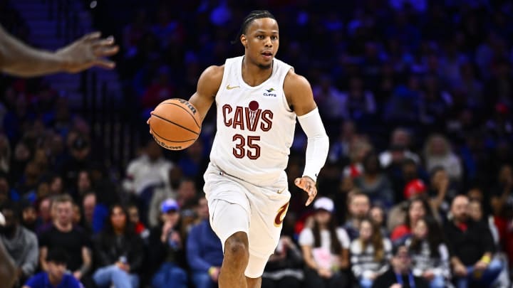 Feb 23, 2024; Philadelphia, Pennsylvania, USA; Cleveland Cavaliers forward Isaac Okoro (35) controls the ball against the Philadelphia 76ers in the first quarter at Wells Fargo Center. Mandatory Credit: Kyle Ross-USA TODAY Sports