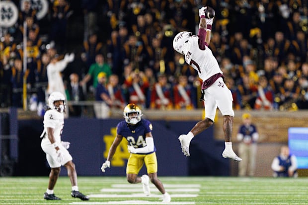 Texas A&M wide receiver KC Concepcion makes a catch against Notre Dame.