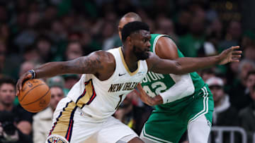 Jan 12, 2025; Boston, Massachusetts, USA; New Orleans Pelicans forward Zion Williamson (1) drives to the basket during the first half against the Boston Celtics at TD Garden. Mandatory Credit: Paul Rutherford-Imagn Images