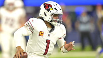 Dec 28, 2024; Inglewood, California, USA;  Arizona Cardinals quarterback Kyler Murray (1) sets to pass in the first half against the Los Angeles Rams at SoFi Stadium. Mandatory Credit: Jayne Kamin-Oncea-Imagn Images