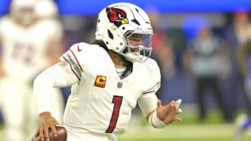 Dec 28, 2024; Inglewood, California, USA;  Arizona Cardinals quarterback Kyler Murray (1) sets to pass in the first half against the Los Angeles Rams at SoFi Stadium. Mandatory Credit: Jayne Kamin-Oncea-Imagn Images