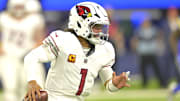 Dec 28, 2024; Inglewood, California, USA;  Arizona Cardinals quarterback Kyler Murray (1) sets to pass in the first half against the Los Angeles Rams at SoFi Stadium. Mandatory Credit: Jayne Kamin-Oncea-Imagn Images