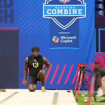 Feb 27, 2025; Indianapolis, IN, USA; South Carolina linebacker Demetrius Knight (LB13) participates in drills during the 2025 NFL Combine at Lucas Oil Stadium. Mandatory Credit: Kirby Lee-Imagn Images