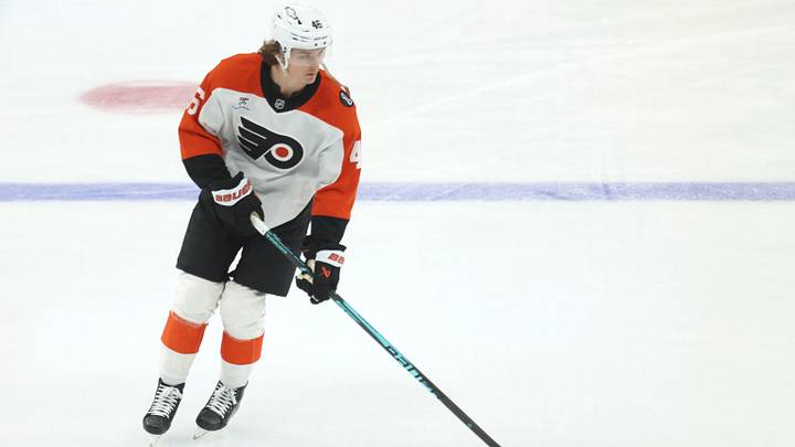 Philadelphia Flyers center Trevor Zegras (46) warms up against the Pittsburgh Penguins at PPG Paints Arena. Mandatory Credit: Charles LeClaire-Imagn Images