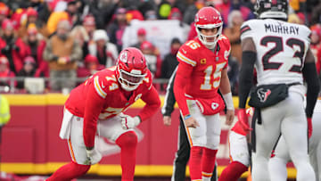  Kansas City Chiefs offensive tackle Jawaan Taylor (74) at the line of scrimmage against the Houston Texans during the first half of a 2025 AFC divisional round game at GEHA Field at Arrowhead Stadium.